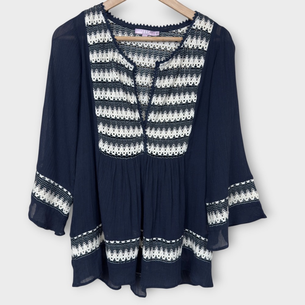 Calypso St Barth Crochet Gauze Blouse Womens Small Navy Blue Boho Brach Resort